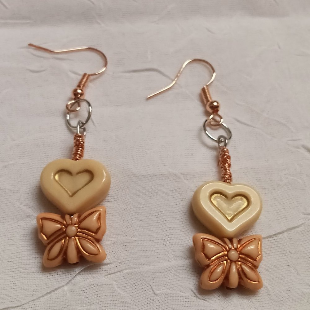 Steel Handmade Hand Crafted Heart & Bow Dangle Earrings Jewelry #54 - Picture 11 of 14